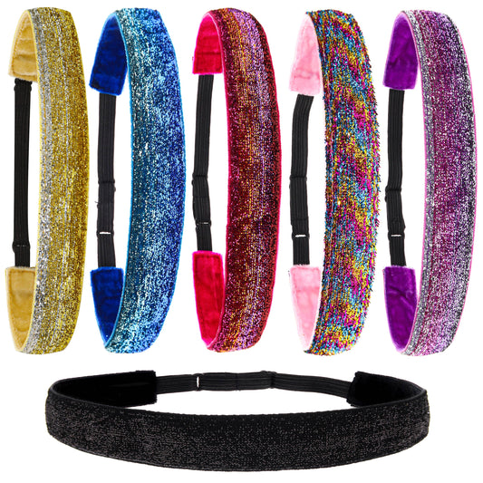 Adjustable No Slip Glitter Headbands for Girls - 6 Pack
