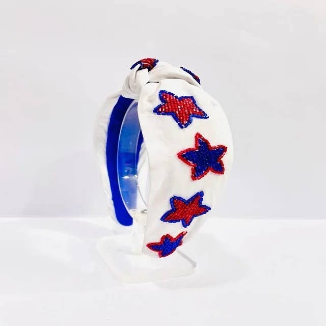 Patriotic Stars White Seed Bead Front Knot Headband