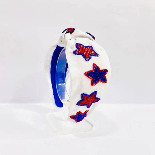Patriotic Stars White Seed Bead Front Knot Headband