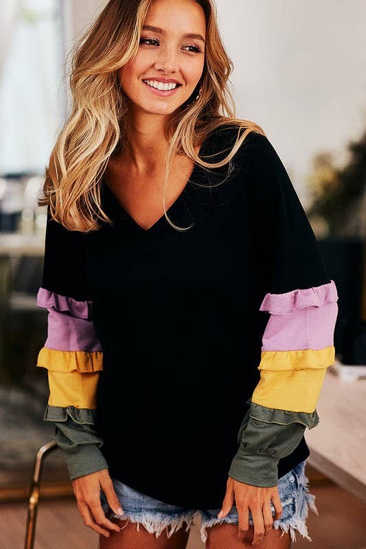 French Terry V Neck Top With Color Block Sleeves - Black