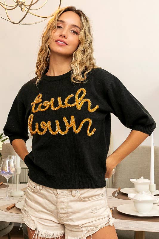 Touchdown Metallic Letter Puff Sleeve Sweater - Black/ Gold