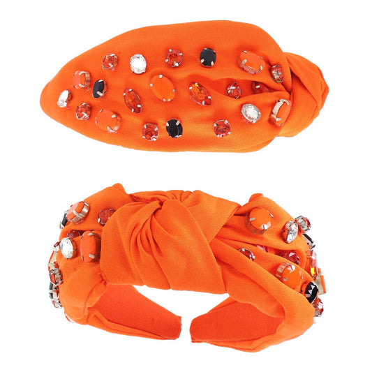 Halloween Tri Color Rhinestone Jeweled Knotted Headband - Orange