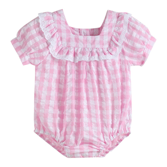 Light Pink Cotton Gingham Ruffle Baby Bubble Romper