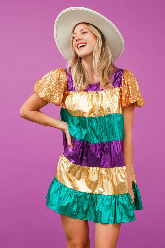 Sequin Sleeve Color Block Vinyl Dress