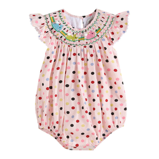 Pink Polka Dot Easter Bunny Smocked Flutter Romper