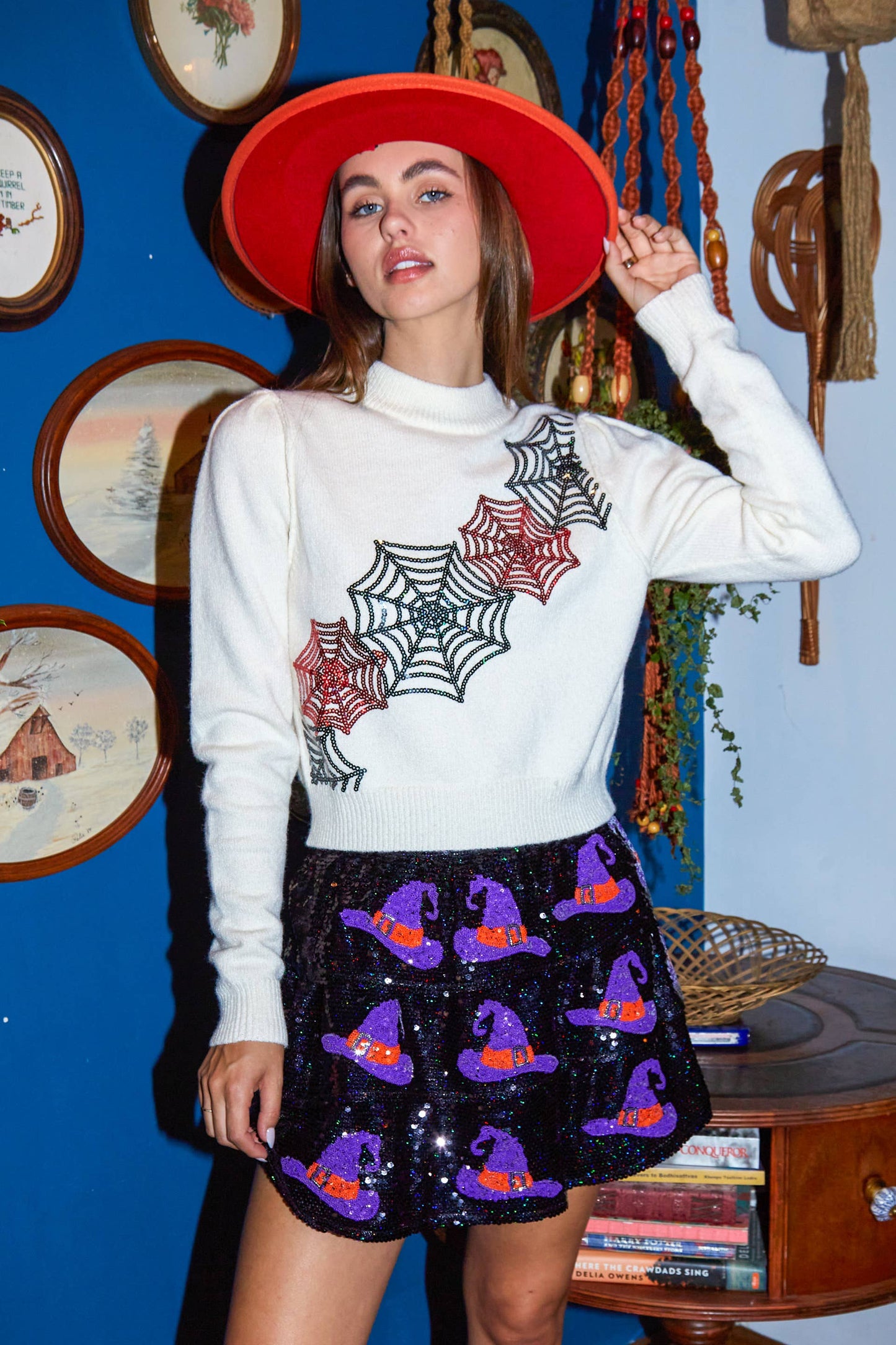 Spider Web Sequin Halloween Sweater- Ivory