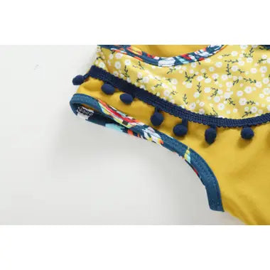 Mustard & Cobalt Floral Ruffle Pom-Pom Dress 2T