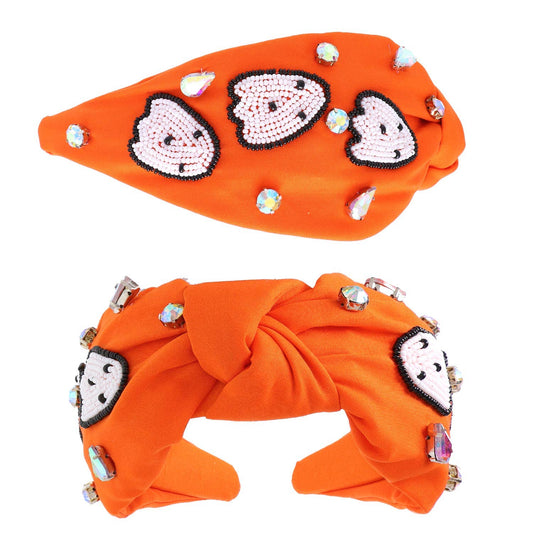 Rhinestones & Beaded Ghosts Knotted Headband - Orange