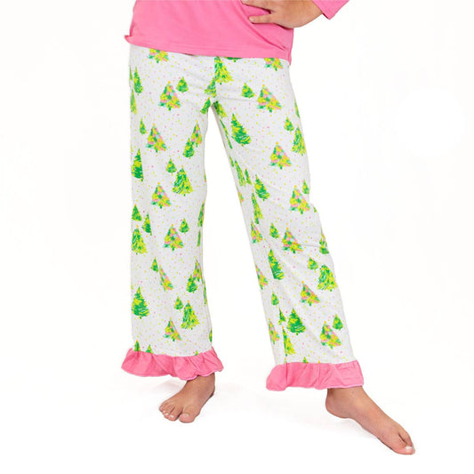 Girl's Celebration Tree Ruffle Sleep Pants White/Lime/Pink with Pink Shirt