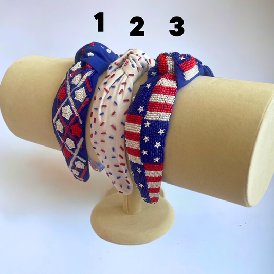Patriotic Flag Seed Bead Headband- Blue