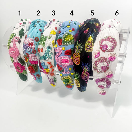 Flamingo with Flowers Seed Bead Headband- White