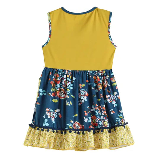 Mustard & Cobalt Floral Ruffle Pom-Pom Dress 2T