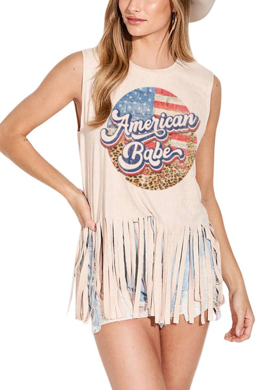 American Babe Suede Fringe Muscle Tank Top