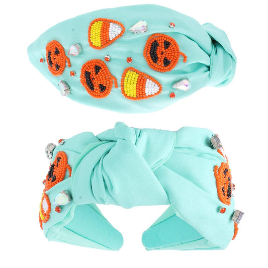 Beaded Candy Corn & Jack O Lantern Jeweled Knotted Headband - Mint Green