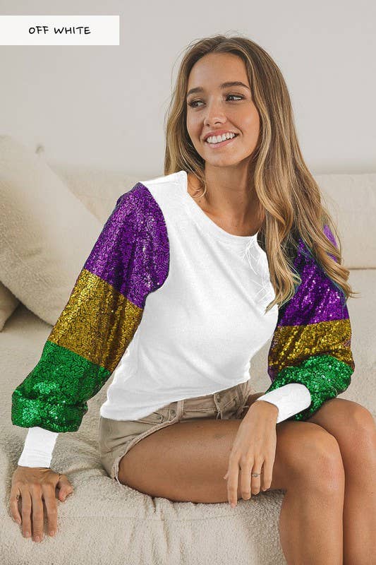 Mardi Gras Color Block Sequins Sleeve Knit Top - White