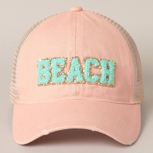 BEACH Chenille Letter Patch Mesh Back Baseball Cap- Dusty Pink