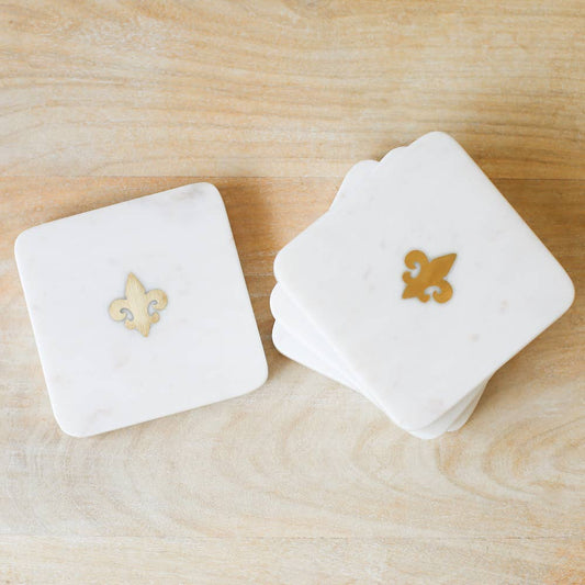 Fleur de Lis Marble Coasters   White/Brass   4x4
