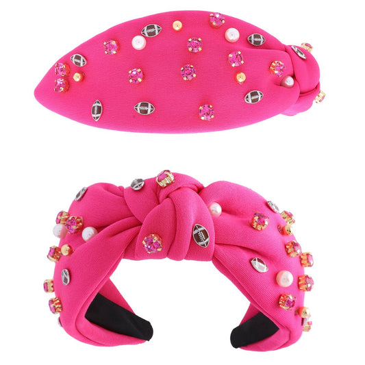 Jeweled & Pearl Beaded with Football Charms Knotted Headband - Hot Pink