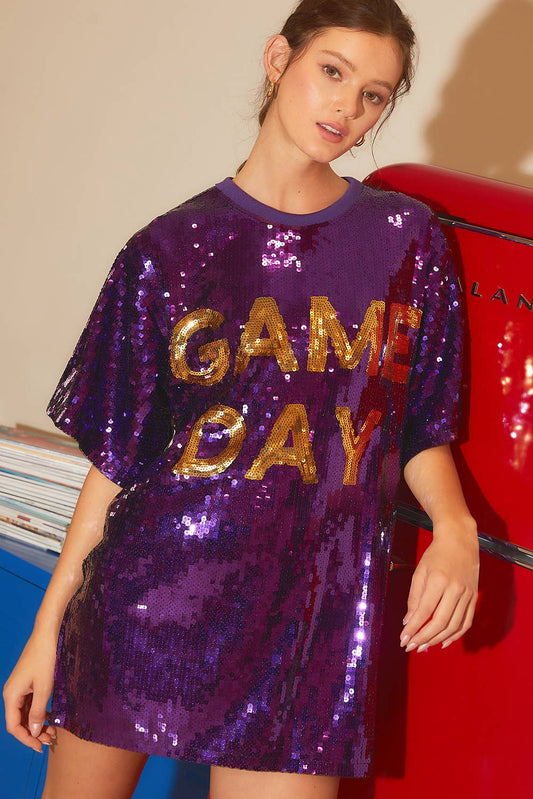Round Neck Sequin GAME DAY letter Tunic Top - Purple