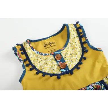 Mustard & Cobalt Floral Ruffle Pom-Pom Dress 2T
