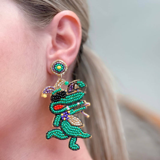 Mardi Gras Gator Beaded Dangle Earrings