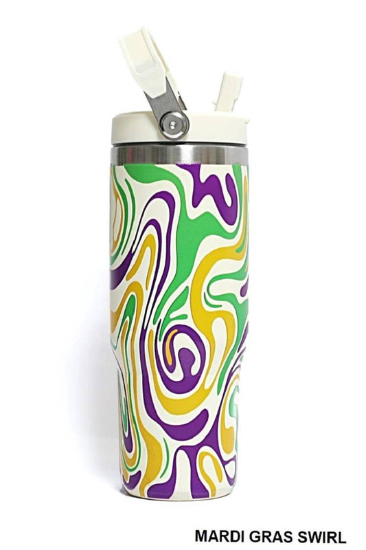 Mardi Gras Swirl 30 OZ STAINLESS STEEL FLIP STRAW TUMBLER- MARDI GRAS SWIRL