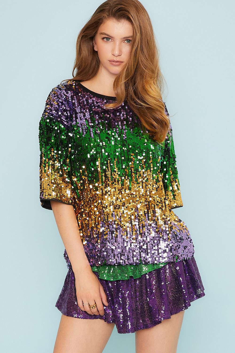 Mardi Gras Color Block Sequin Round Neck Top