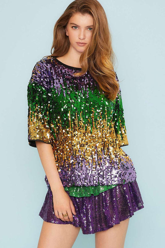 Mardi Gras Color Block Sequin Round Neck Top