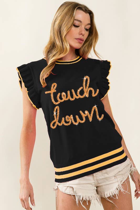Touchdown Ruffled Armhole Sleeveless Sweater- Black & Gold