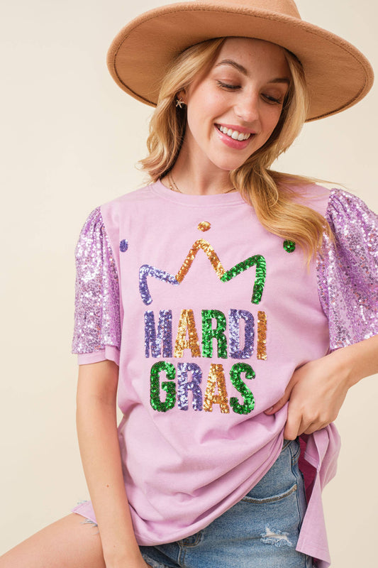 Sequin Mardi Gras Letter Patch T-shirt Top- Lavender