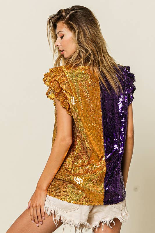 Game Day Color Block Sequin Ruffled Armhole Top- Purple & Gold