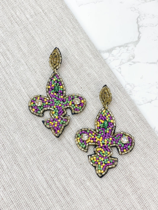 Mardi Gras Fleur De Lis Beaded Dangle Earrings