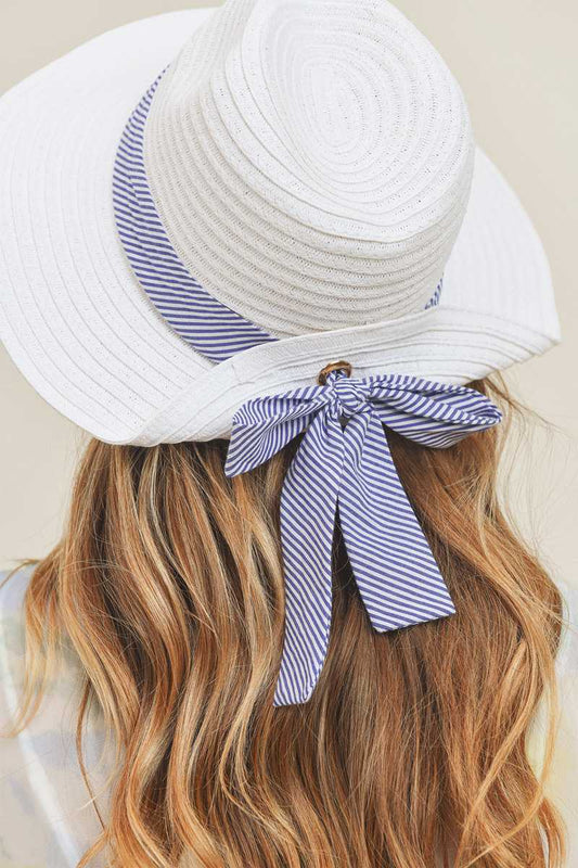 Blue Stripe Print Bow Summer Floppy Hat
