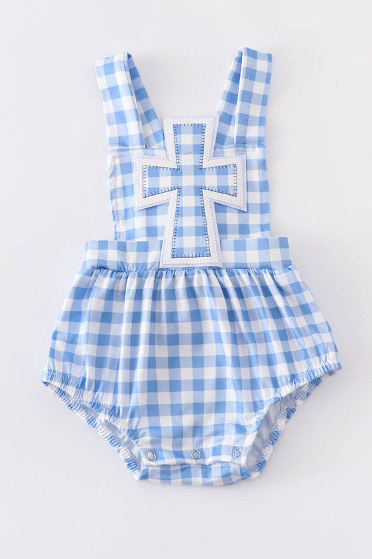Blue plaid cross boy romper