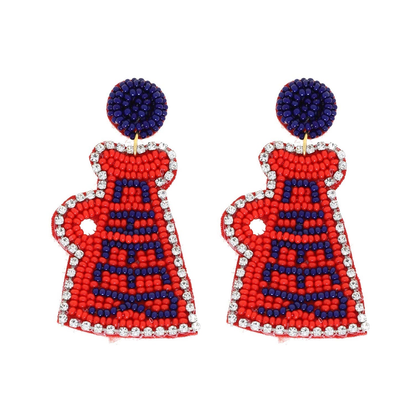 Jeweled Trim Beaded Cheer Megaphone Dangle Earrings - Red & Blue