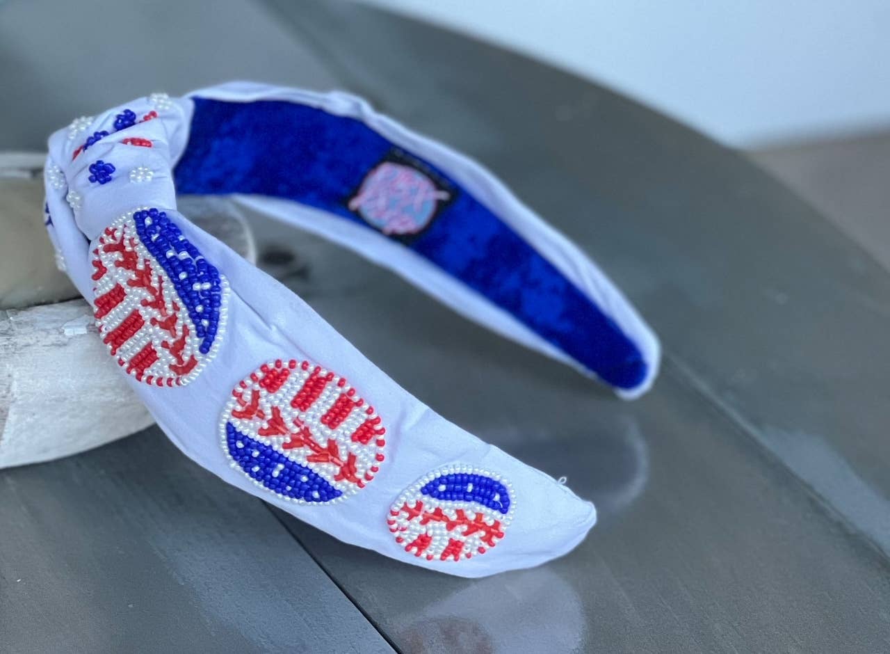 Patriotic Baseball Seed Beaded Top Knot Headband