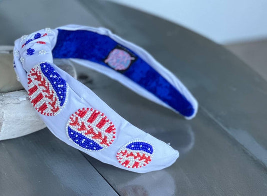 Patriotic Baseball Seed Beaded Top Knot Headband
