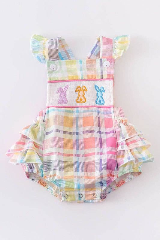 Rainbow easter bunny smocked ruffle girl romper