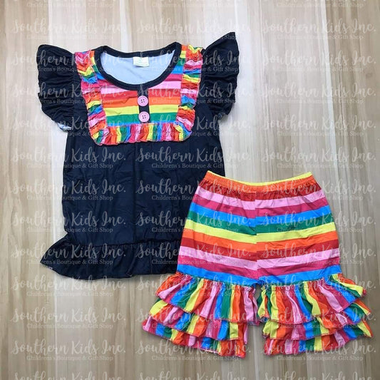 Black and Rainbow Flutter Sleeve Shirt and Rainbow Ruffle Bottom Shorts