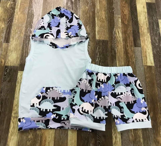 Blue Hooded Sleeveless Shirt and Dinosaur Shorts