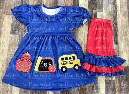 Blue School House Short Sleeve Shirt and Red Ruffle Bottom Shorts