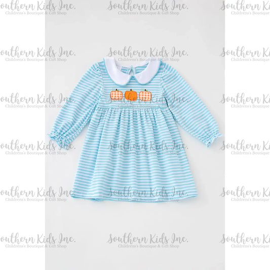 Blue Stripe Pumpkin Applique Dress
