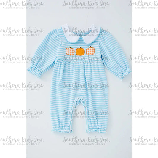 Blue Stripe Pumpkin Applique Romper
