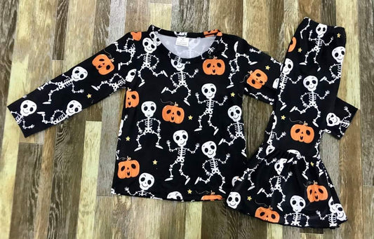 Ruffle Halloween Skelly Long Sleeve Shirt and Pants Set