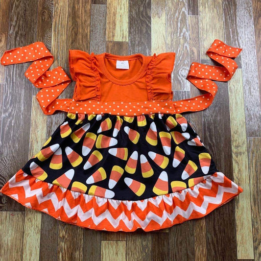 Multi Pattern Candy Corn Halloween Flutter Sleeve Dress