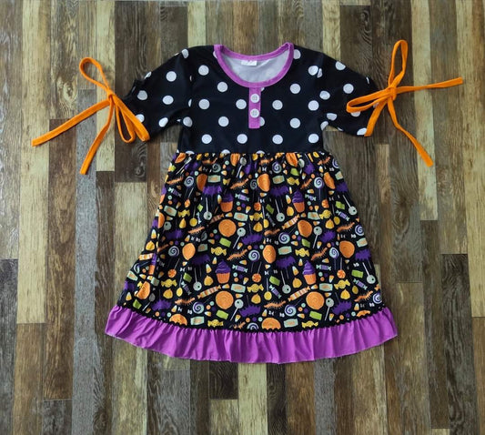 Multi Pattern Halloween Candy Print Bow Sleeve Dress