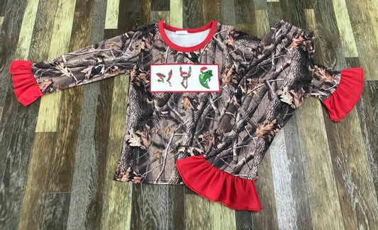 Ruffle Hunting Camo Christmas Long Sleeve Shirt and Pants Set