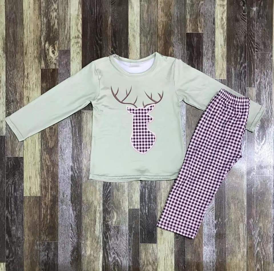 Mint Green Deer Applique Boy Long Sleeve Shirt and Pant Set