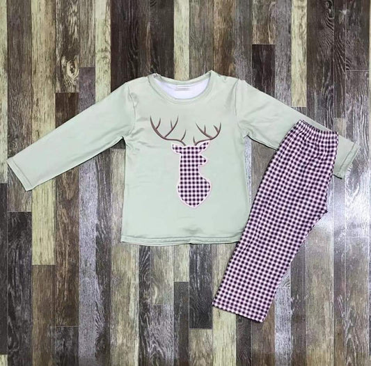 Mint Green Deer Applique Boy Long Sleeve Shirt and Pant Set