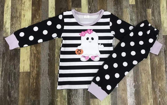 Black & White Polka Dot Ghost Long Sleeve Shirt and Pants Set